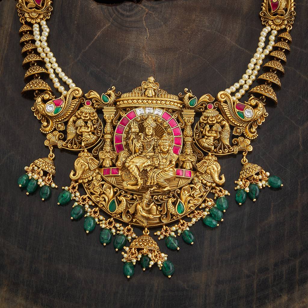 Kushal'S Fashion Jewellery Ruby-Green Gold-Plated Ethnic 92.5 Pure Silver Temple Necklace - 429904 : 429904