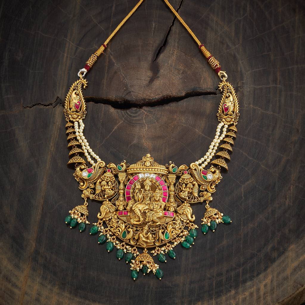 Kushal'S Fashion Jewellery Ruby-Green Gold-Plated Ethnic 92.5 Pure Silver Temple Necklace - 429904 : 429904