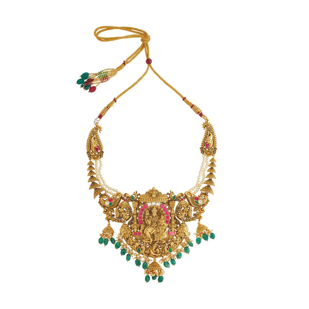 Kushal'S Fashion Jewellery Ruby-Green Gold-Plated Ethnic 92.5 Pure Silver Temple Necklace - 429904 : 429904