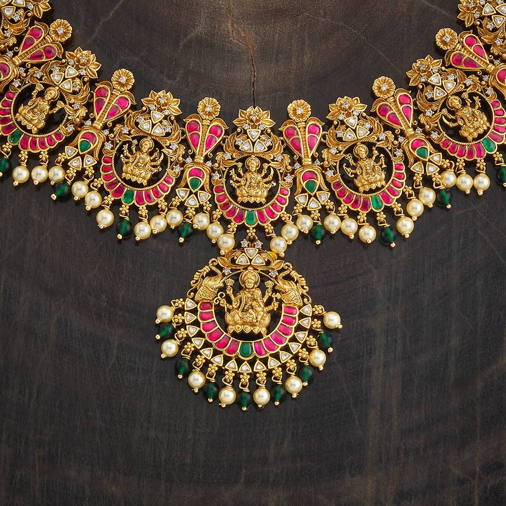 Kushal'S Fashion Jewellery Ruby-Green Gold-Plated Ethnic 92.5 Pure Silver Temple Necklace - 429906 : 429906