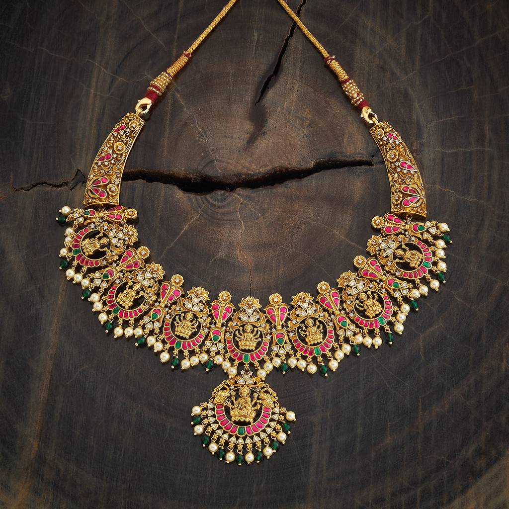 Kushal'S Fashion Jewellery Ruby-Green Gold-Plated Ethnic 92.5 Pure Silver Temple Necklace - 429906 : 429906