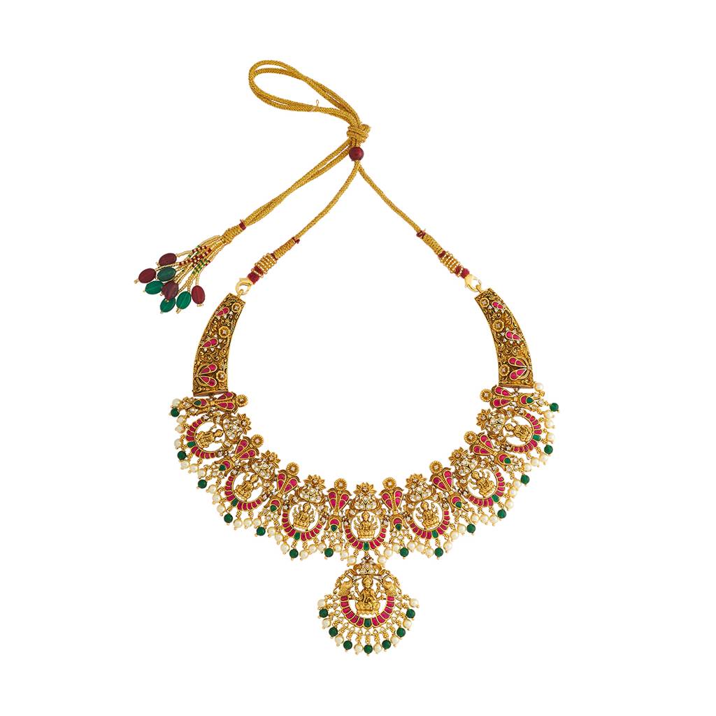 Kushal'S Fashion Jewellery Ruby-Green Gold-Plated Ethnic 92.5 Pure Silver Temple Necklace - 429906 : 429906