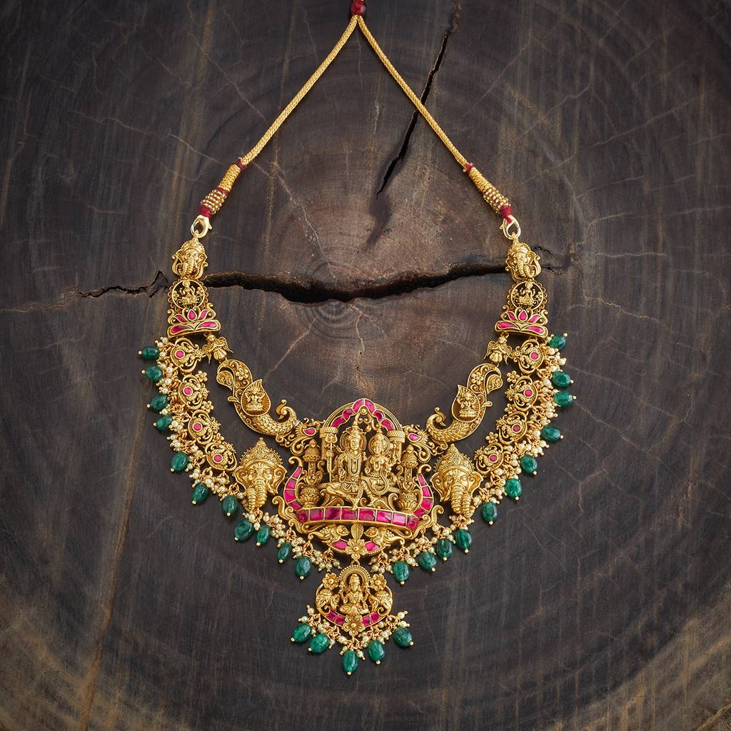Kushal'S Fashion Jewellery Ruby-Green Gold-Plated Ethnic 92.5 Pure Silver Temple Necklace - 429908 : 429908
