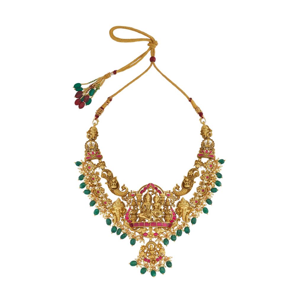 Kushal'S Fashion Jewellery Ruby-Green Gold-Plated Ethnic 92.5 Pure Silver Temple Necklace - 429908 : 429908