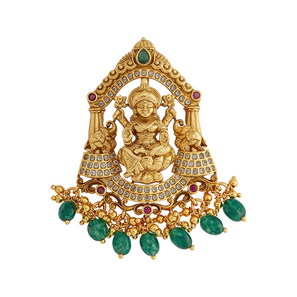 Kushal'S Fashion Jewellery Ruby-Green Gold-Plated Ethnic 92.5 Pure Silver Temple Pendant - 429901 : 429901