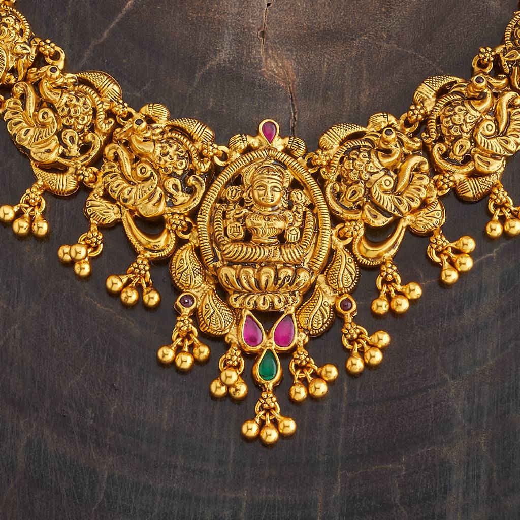 Kushal'S Fashion Jewellery Ruby-Green Gold-Plated Ethnic 92.5 Pure Silver Temple Necklace - 429949 : 429949