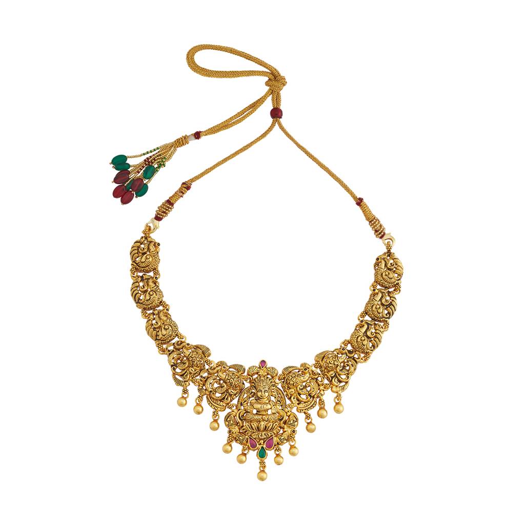 Kushal'S Fashion Jewellery Ruby-Green Gold-Plated Ethnic 92.5 Pure Silver Temple Necklace - 429949 : 429949