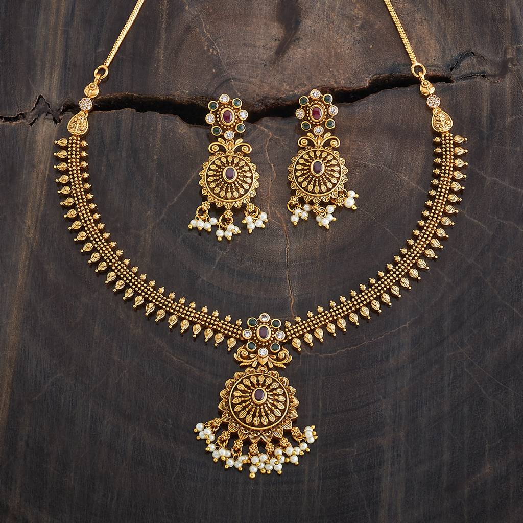 Kushal'S Fashion Jewellery Ruby-Green Gold-Plated Ethnic Antique Jewellery Set - 430253 : 430253