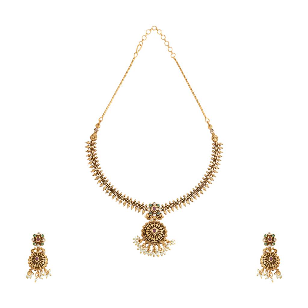 Kushal'S Fashion Jewellery Ruby-Green Gold-Plated Ethnic Antique Jewellery Set - 430253 : 430253
