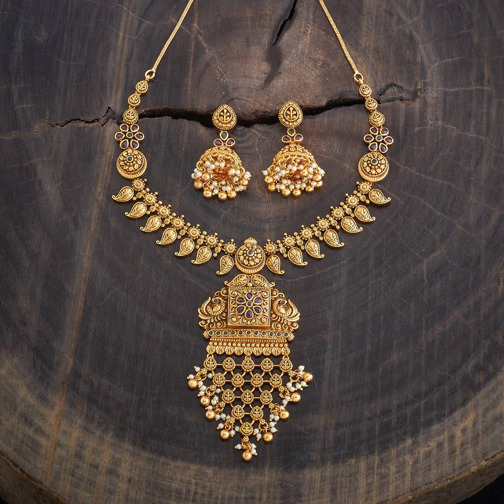 Kushal'S Fashion Jewellery Ruby-Green Gold-Plated Ethnic Antique Jewellery Set - 430255 : 430255