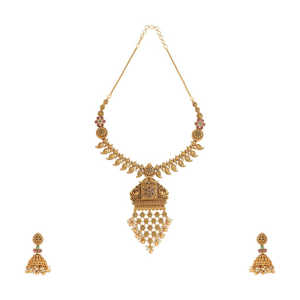 Kushal'S Fashion Jewellery Ruby-Green Gold-Plated Ethnic Antique Jewellery Set - 430255 : 430255