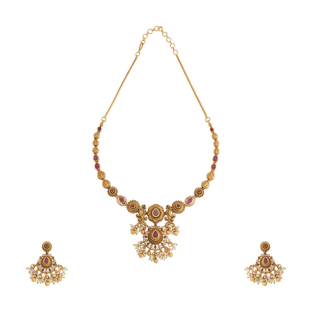 Kushal'S Fashion Jewellery Ruby Gold-Plated Ethnic Antique Jewellery Set - 430350 : 430350