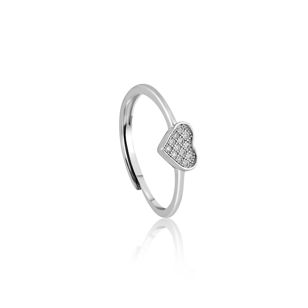 925 Sterling Silver Adjustable Heart Ring With Pave Cubic Zirconia : RJSPRG39