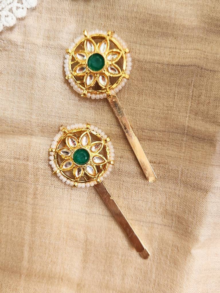 Viana Jewels Kundan Green Hair Pins ( Set Of 2) : BA48