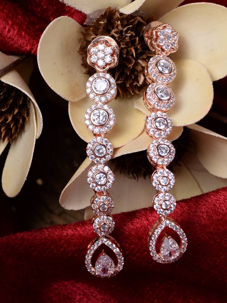 Rose Gold Plated White Ad Studded Long Dangler Earrings : SJER1800