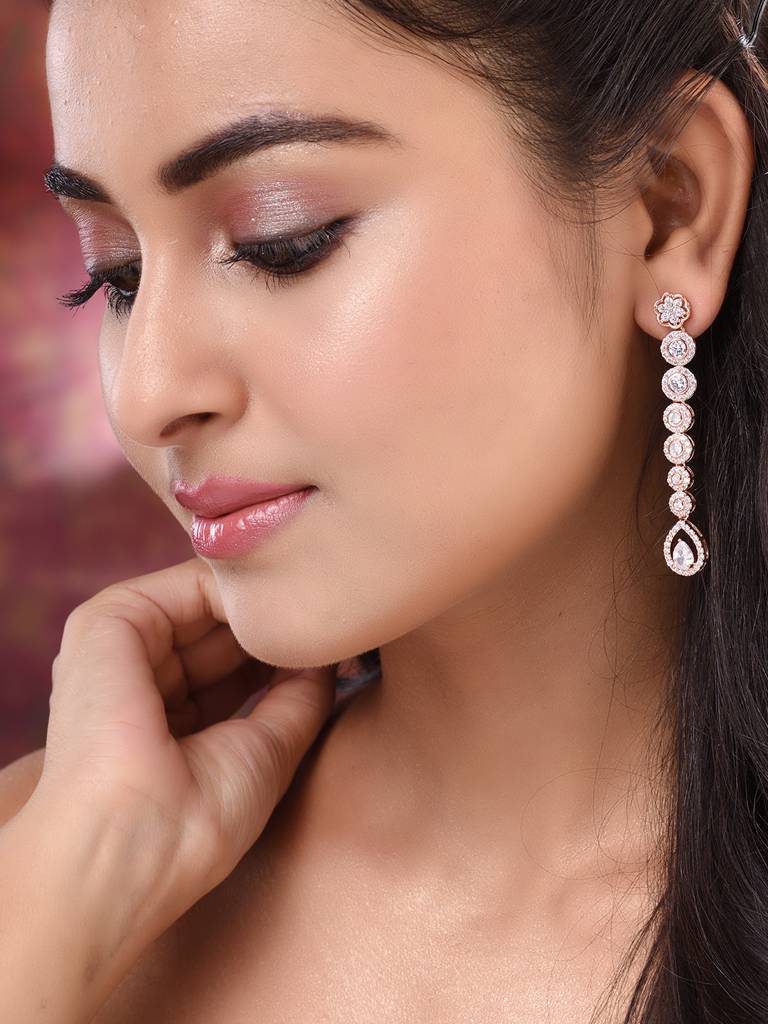 Rose Gold Plated White Ad Studded Long Dangler Earrings : SJER1800