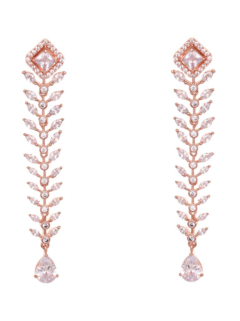 Rose Gold Plated White Ad Encrusted Feather Design Earings : SJER1801