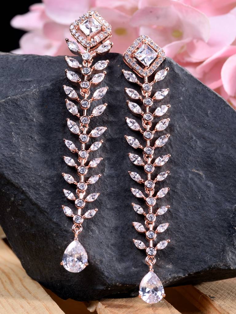 Rose Gold Plated White Ad Encrusted Feather Design Earings : SJER1801