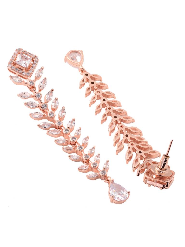 Rose Gold Plated White Ad Encrusted Feather Design Earings : SJER1801