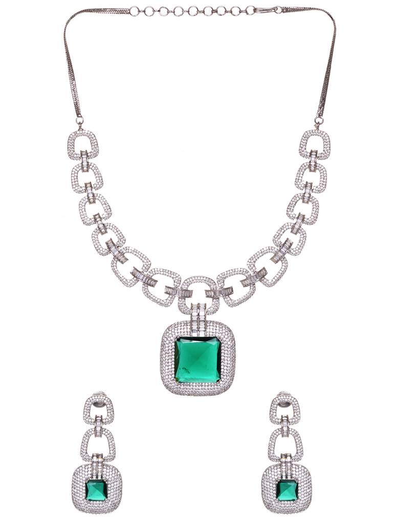 Silver Plated Green Ad Encrusted Statement Necklace Jewellery Set : SJNK1803