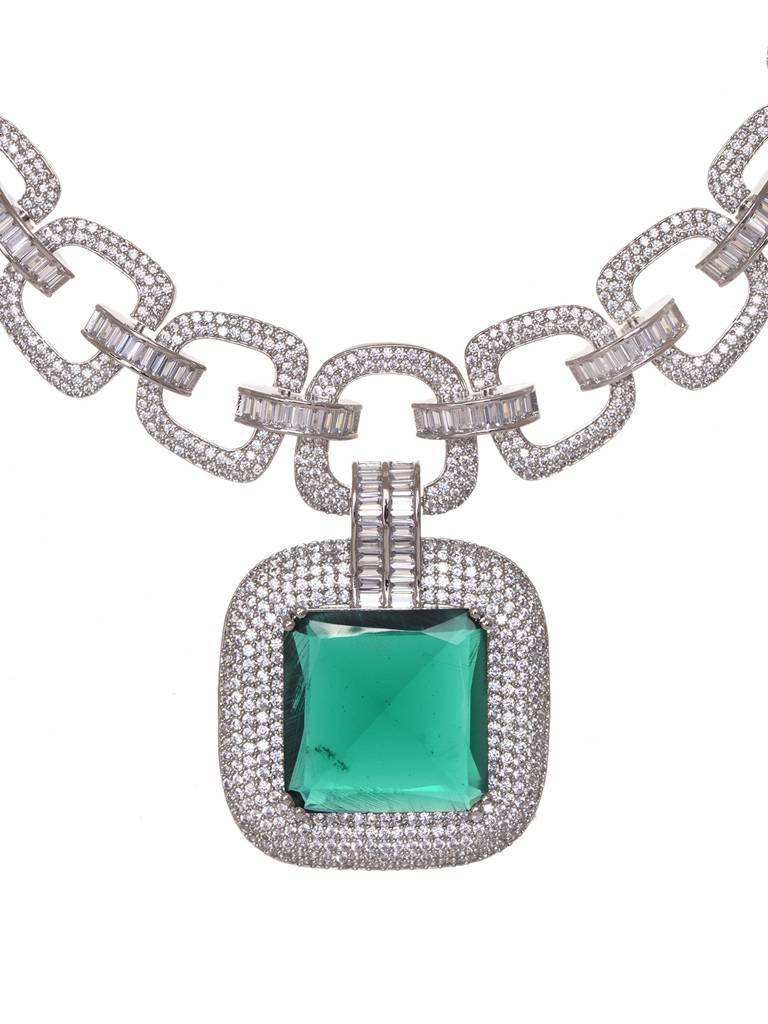 Silver Plated Green Ad Encrusted Statement Necklace Jewellery Set : SJNK1803