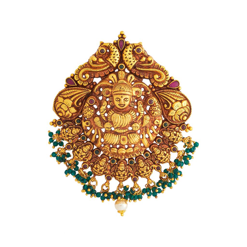 Kushal'S Fashion Jewellery Ruby-Green Gold-Plated Ethnic 92.5 Pure Silver Temple Pendant - 431283 : 431283
