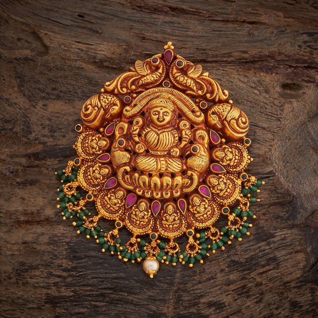 Kushal'S Fashion Jewellery Ruby-Green Gold-Plated Ethnic 92.5 Pure Silver Temple Pendant - 431286 : 431286
