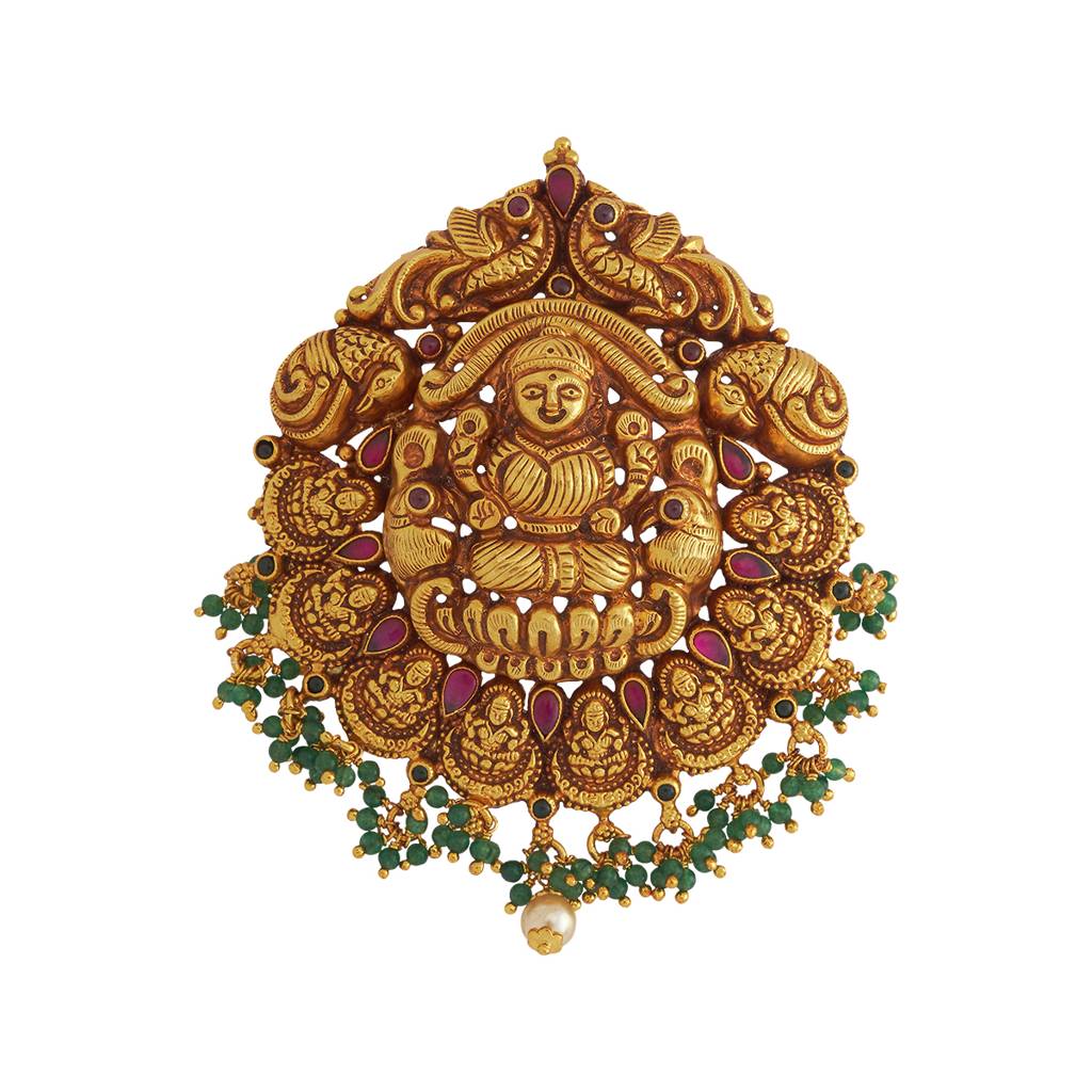Kushal'S Fashion Jewellery Ruby-Green Gold-Plated Ethnic 92.5 Pure Silver Temple Pendant - 431286 : 431286