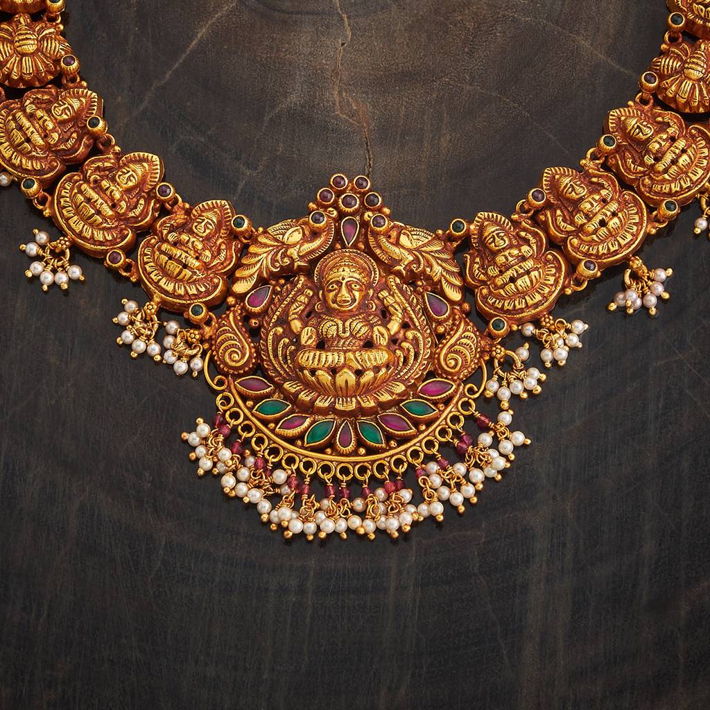 Kushal'S Fashion Jewellery Ruby-Green Gold-Plated Ethnic 92.5 Pure Silver Temple Necklace - 431295 : 431295