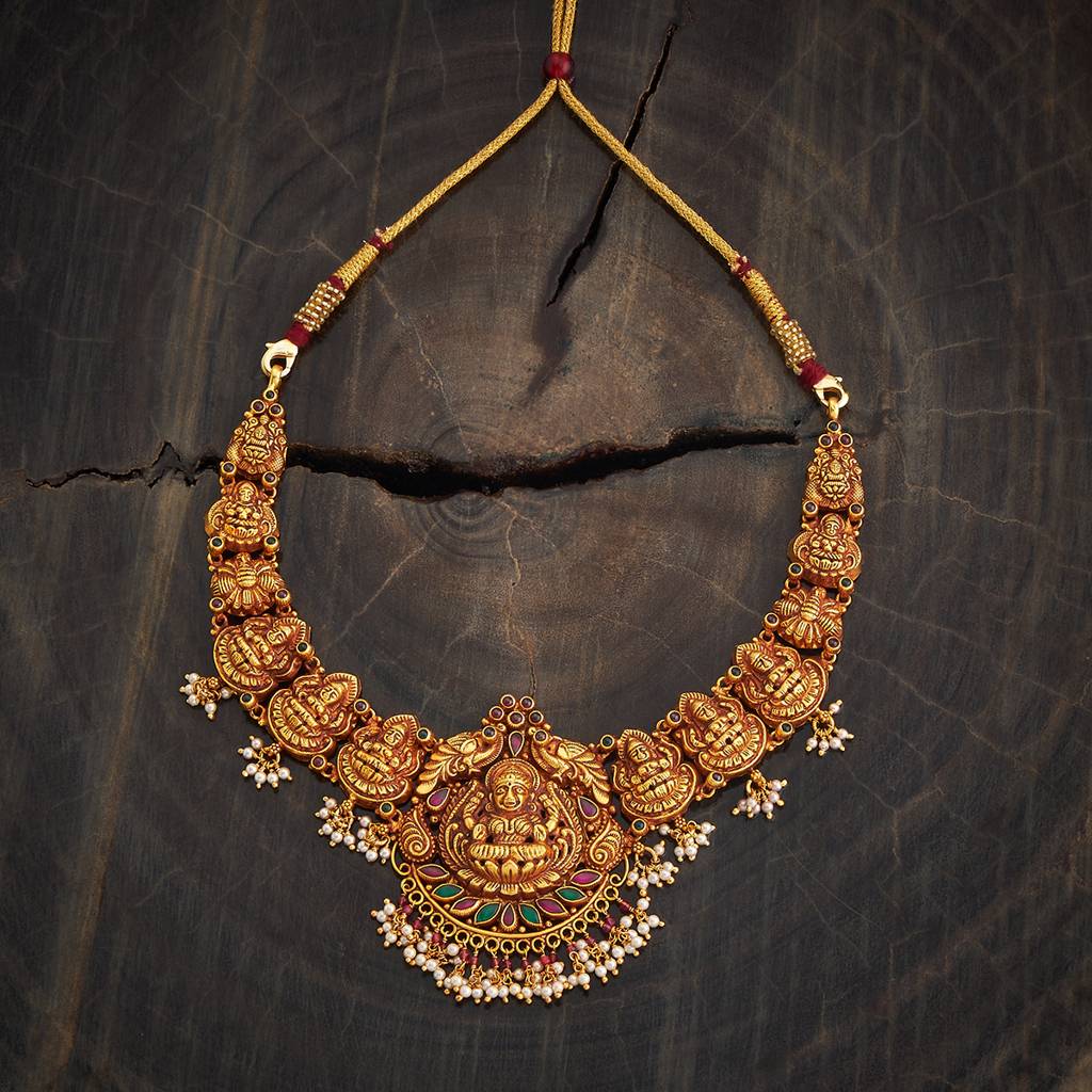 Kushal'S Fashion Jewellery Ruby-Green Gold-Plated Ethnic 92.5 Pure Silver Temple Necklace - 431295 : 431295