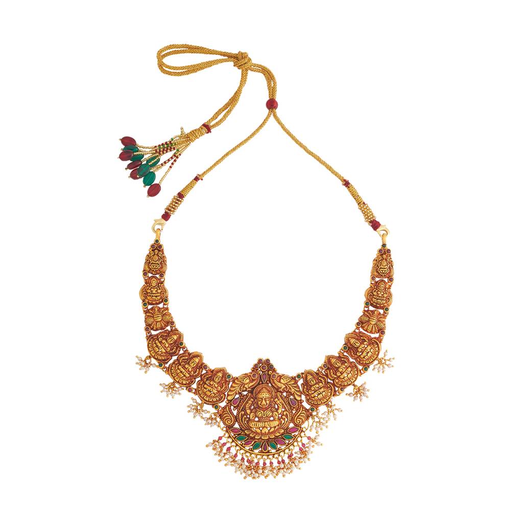 Kushal'S Fashion Jewellery Ruby-Green Gold-Plated Ethnic 92.5 Pure Silver Temple Necklace - 431295 : 431295