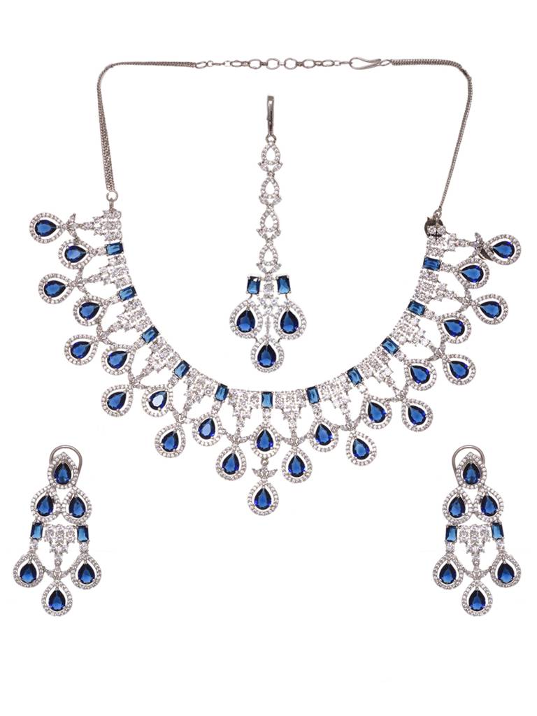 Silver Plated Blue Ad Studded Statement Necklace Jewellery Set With Mangtika : SJNK1804