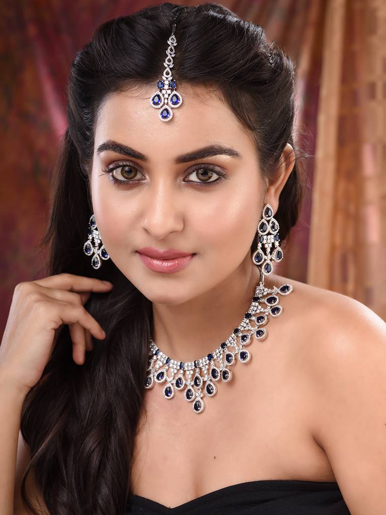 Silver Plated Blue Ad Studded Statement Necklace Jewellery Set With Mangtika : SJNK1804