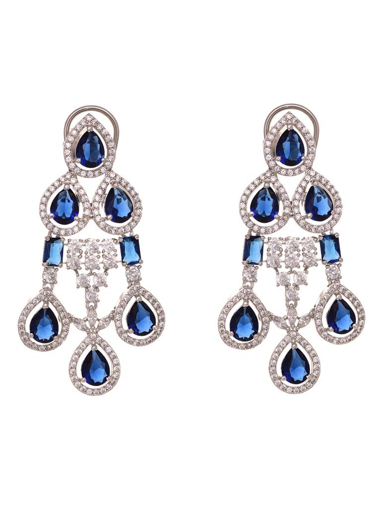 Silver Plated Blue Ad Studded Statement Necklace Jewellery Set With Mangtika : SJNK1804