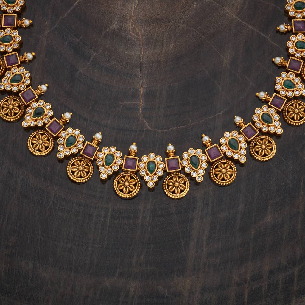 Kushal'S Fashion Jewellery Ruby-Green Gold-Plated Ethnic Antique Necklace - 431459 : 431459