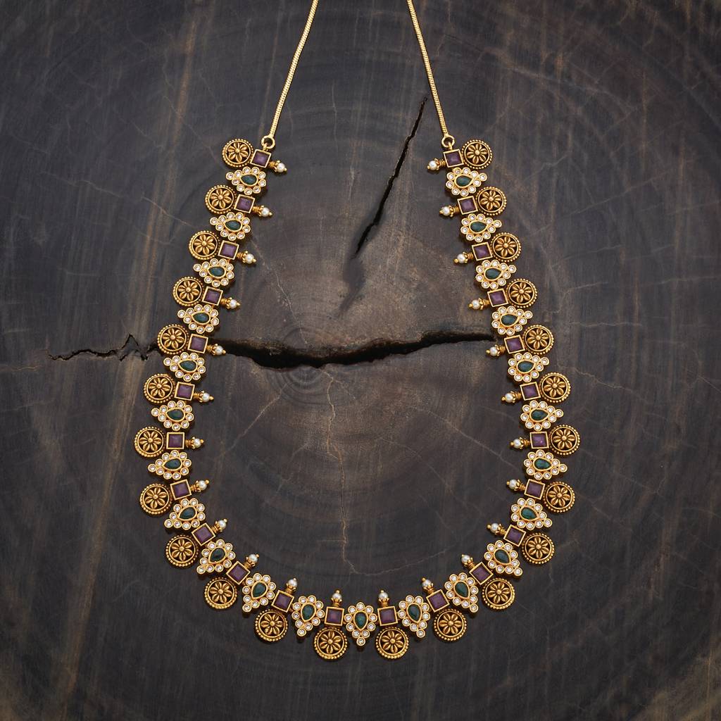 Kushal'S Fashion Jewellery Ruby-Green Gold-Plated Ethnic Antique Necklace - 431459 : 431459