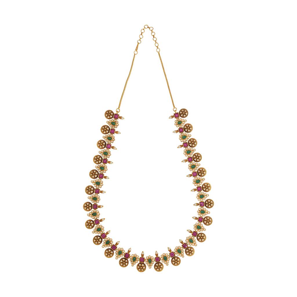 Kushal'S Fashion Jewellery Ruby-Green Gold-Plated Ethnic Antique Necklace - 431459 : 431459