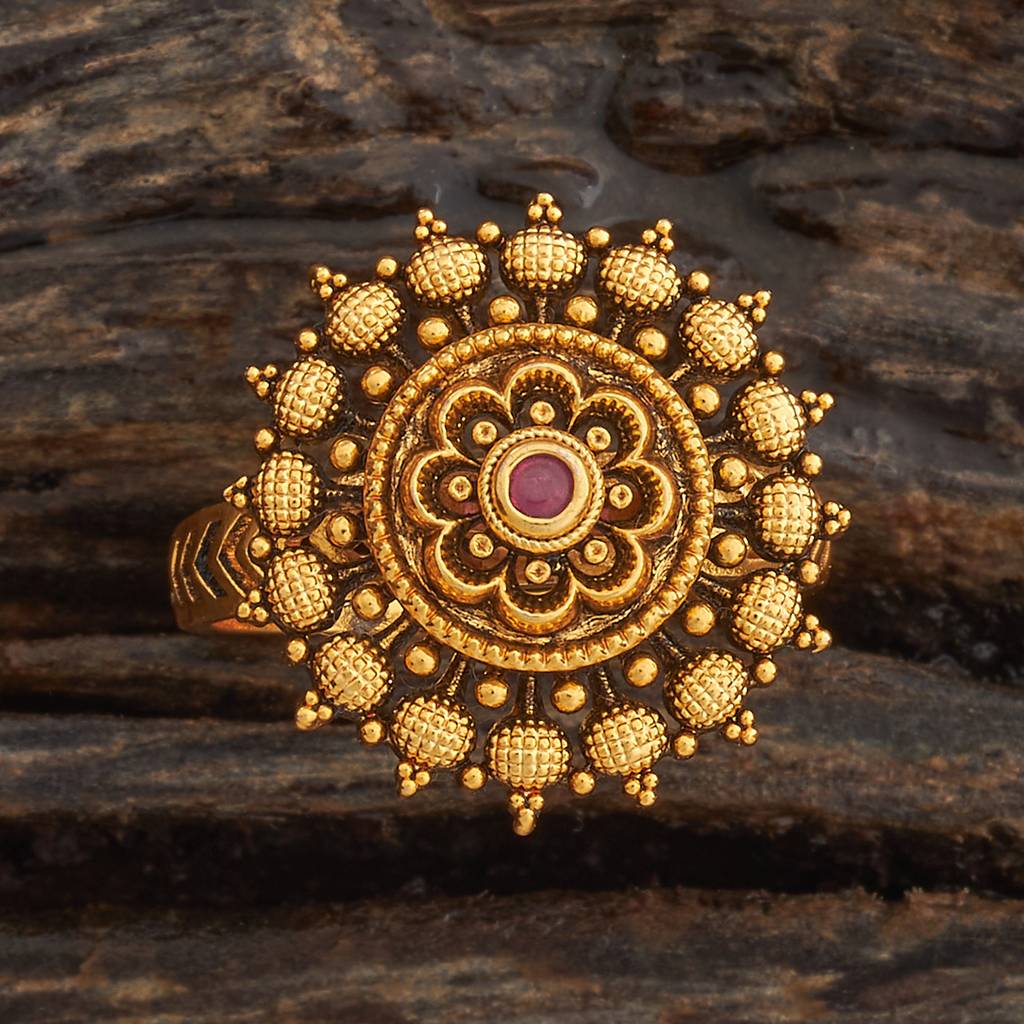 Kushal'S Fashion Jewellery Ruby-Green Gold-Plated Ethnic Antique Finger Ring - 431488 : 431488