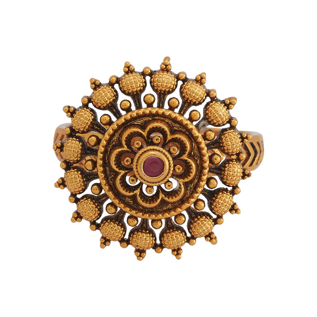 Kushal'S Fashion Jewellery Ruby-Green Gold-Plated Ethnic Antique Finger Ring - 431488 : 431488