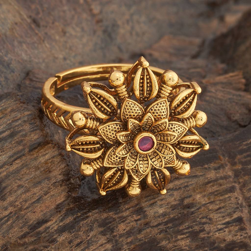 Kushal'S Fashion Jewellery Ruby-Green Gold-Plated Ethnic Antique Finger Ring - 431489 : 431489