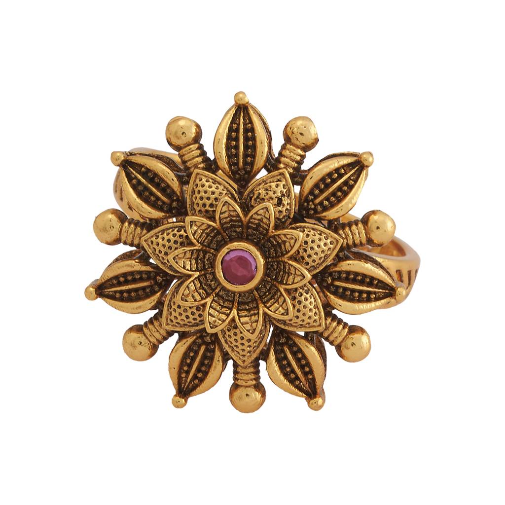Kushal'S Fashion Jewellery Ruby-Green Gold-Plated Ethnic Antique Finger Ring - 431489 : 431489