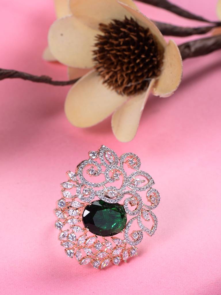 Rose Gold Plated Green Ad Encrusted Quirky Floral Finger Ring : SJRG1807