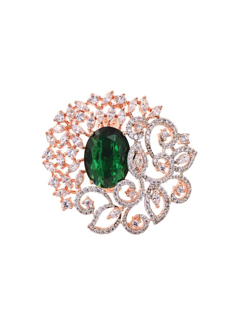Rose Gold Plated Green Ad Encrusted Quirky Floral Finger Ring : SJRG1807