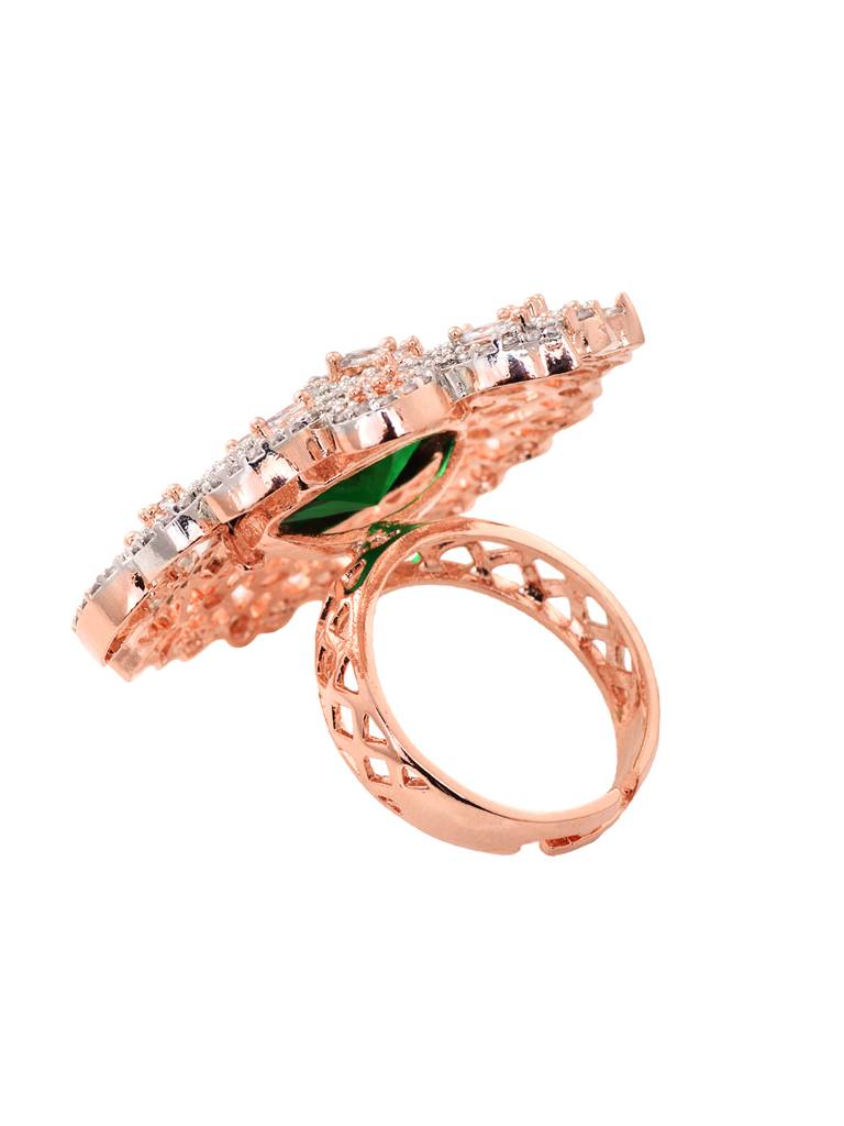 Rose Gold Plated Green Ad Encrusted Quirky Floral Finger Ring : SJRG1807