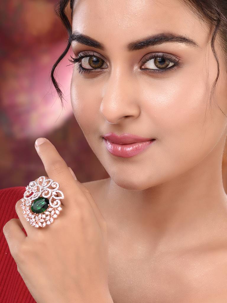 Rose Gold Plated Green Ad Encrusted Quirky Floral Finger Ring : SJRG1807