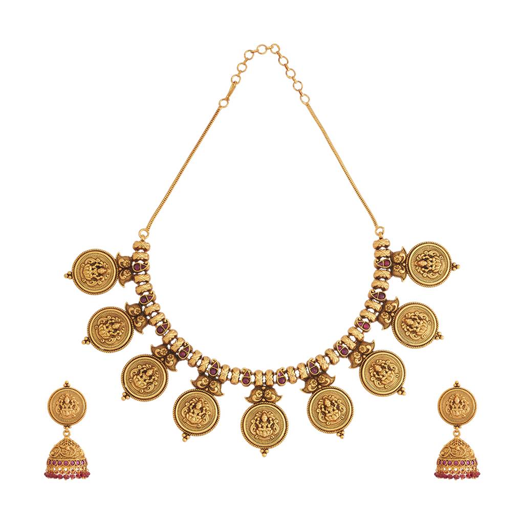 Kushal'S Fashion Jewellery Ruby Gold-Plated Ethnic Antique Jewellery Set - 433126 : 433126