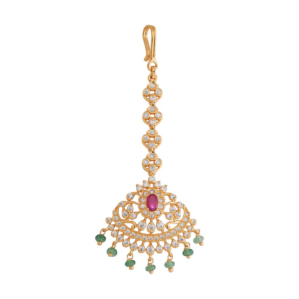 Kushal'S Fashion Jewellery Ruby-Green Gold-Plated Party Zircon Tikka - 433364 : 433364