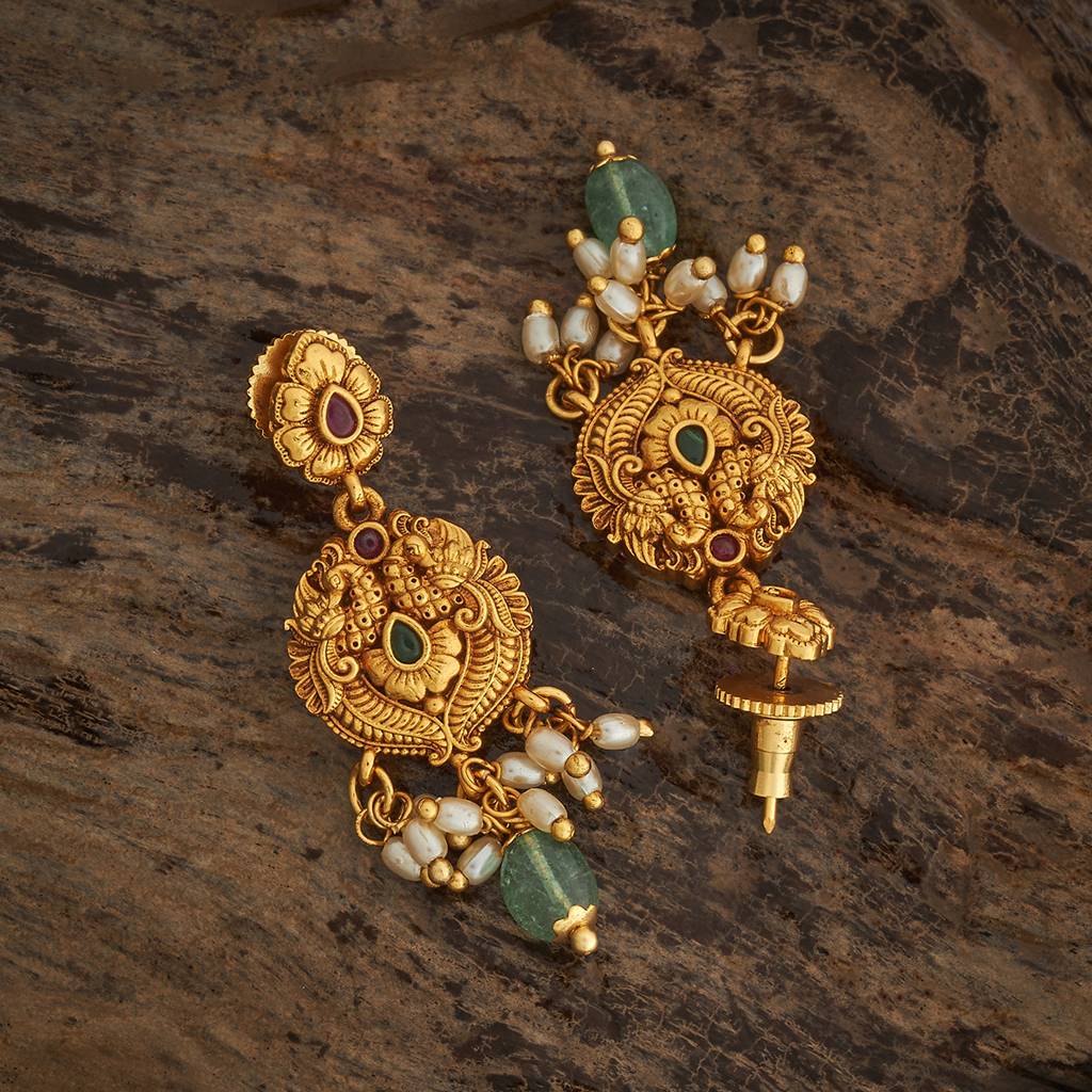 Kushal'S Fashion Jewellery Ruby-Green Gold-Plated Ethnic Antique Drop Earrings - 433541 : 433541