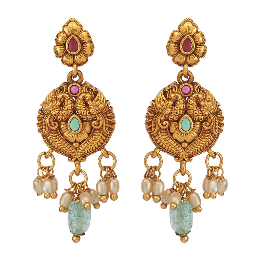 Kushal'S Fashion Jewellery Ruby-Green Gold-Plated Ethnic Antique Drop Earrings - 433541 : 433541