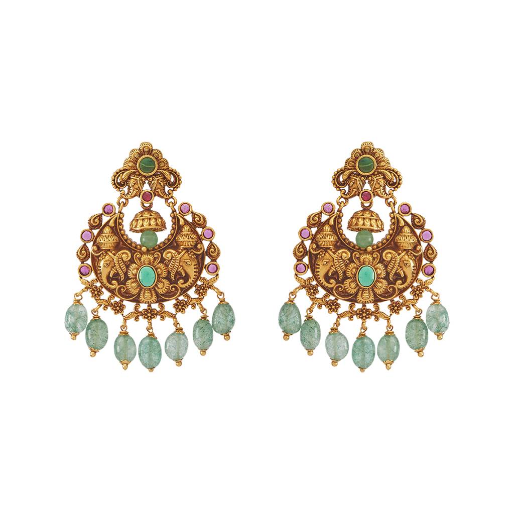 Kushal'S Fashion Jewellery Ruby-Green Gold-Plated Ethnic Antique Chandbalis - 433548 : 433548
